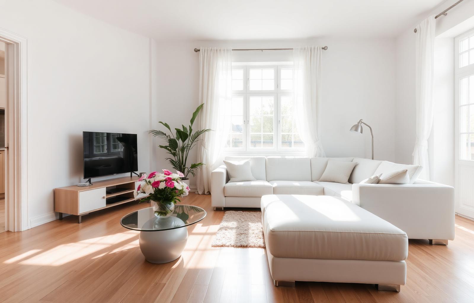 Sunlit, freshly cleaned living room in a single-family home