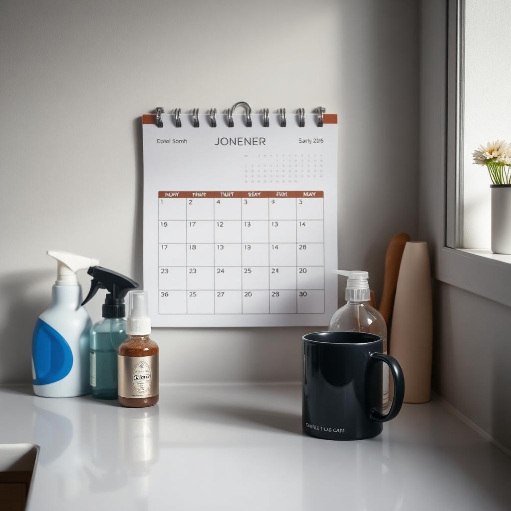 Wall calendar next to cleaning supplies in an Avon, OH home