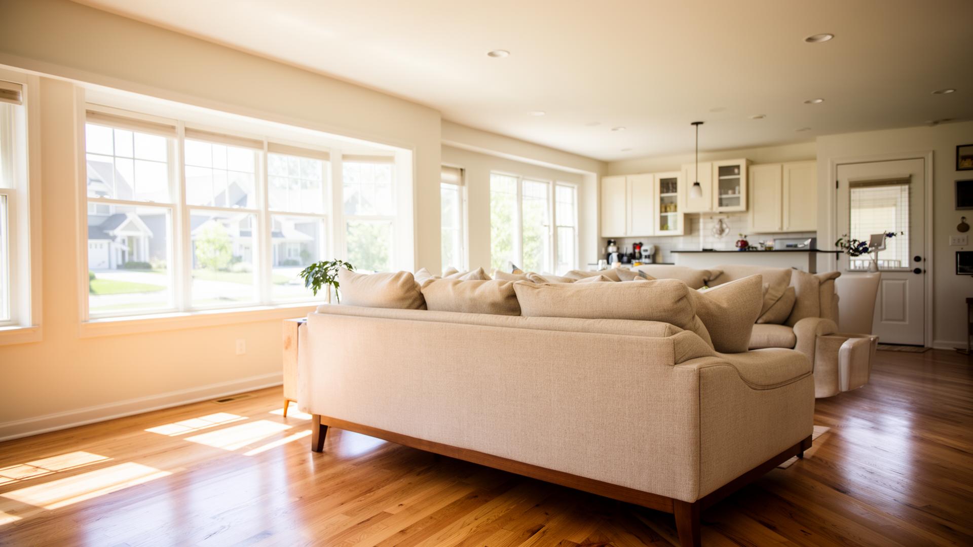 Clean modern living room with sunlight in Avon, OH home